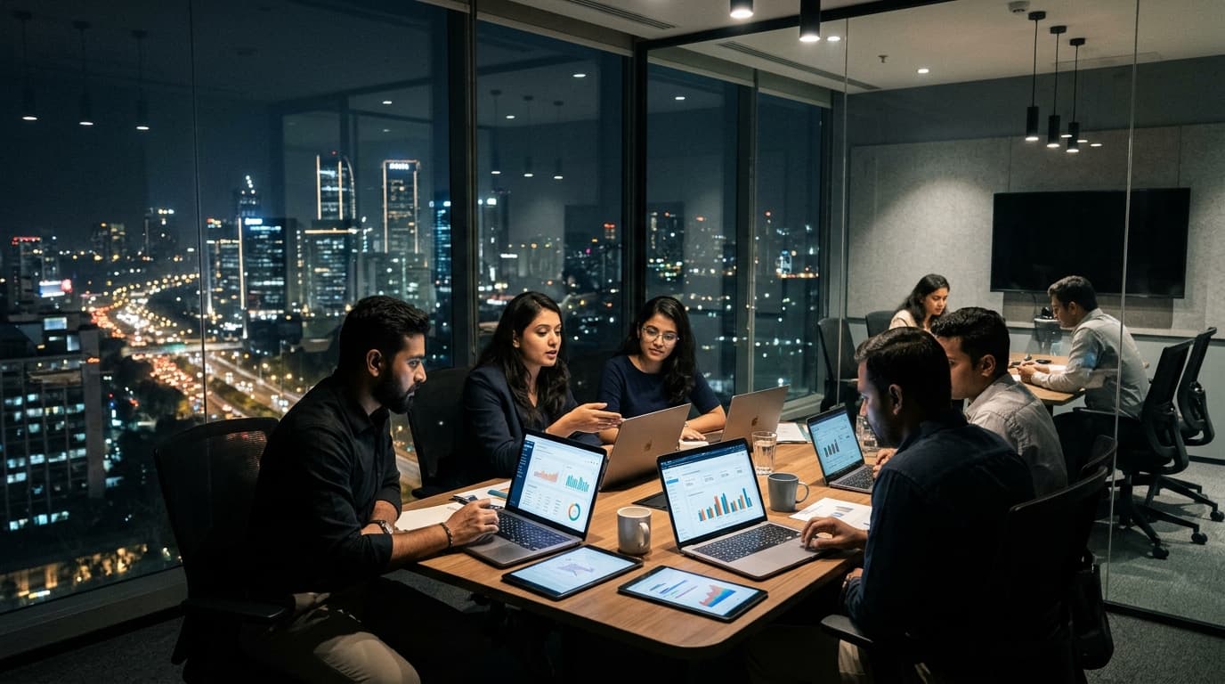 Our Mumbai Agency Team collaborating in BKC office overlooking the night skyline